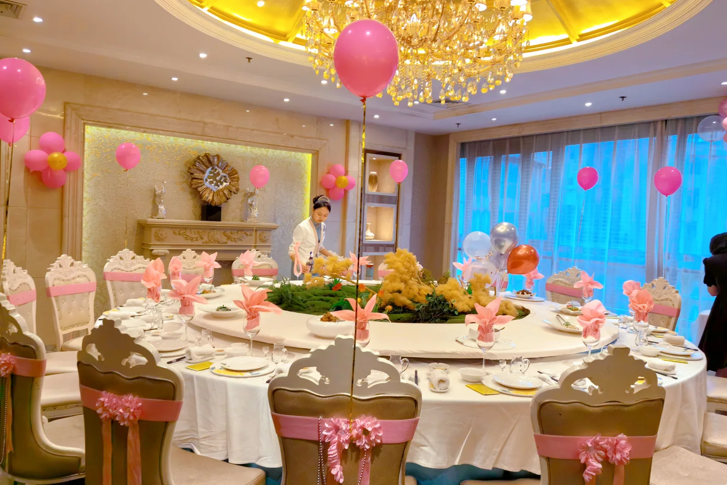 European-style private dining room decorated for a celebration